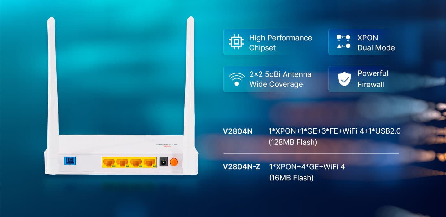 V2804N-Z — 1XPON+4GE+Wi-Fi 4 HGU ONT, vista 6