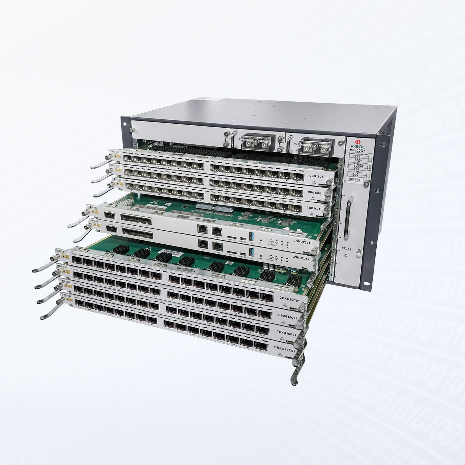 V5600X7 — Chasis combinado GPON/XGS-PON de 7 ranuras OLT, vista 3