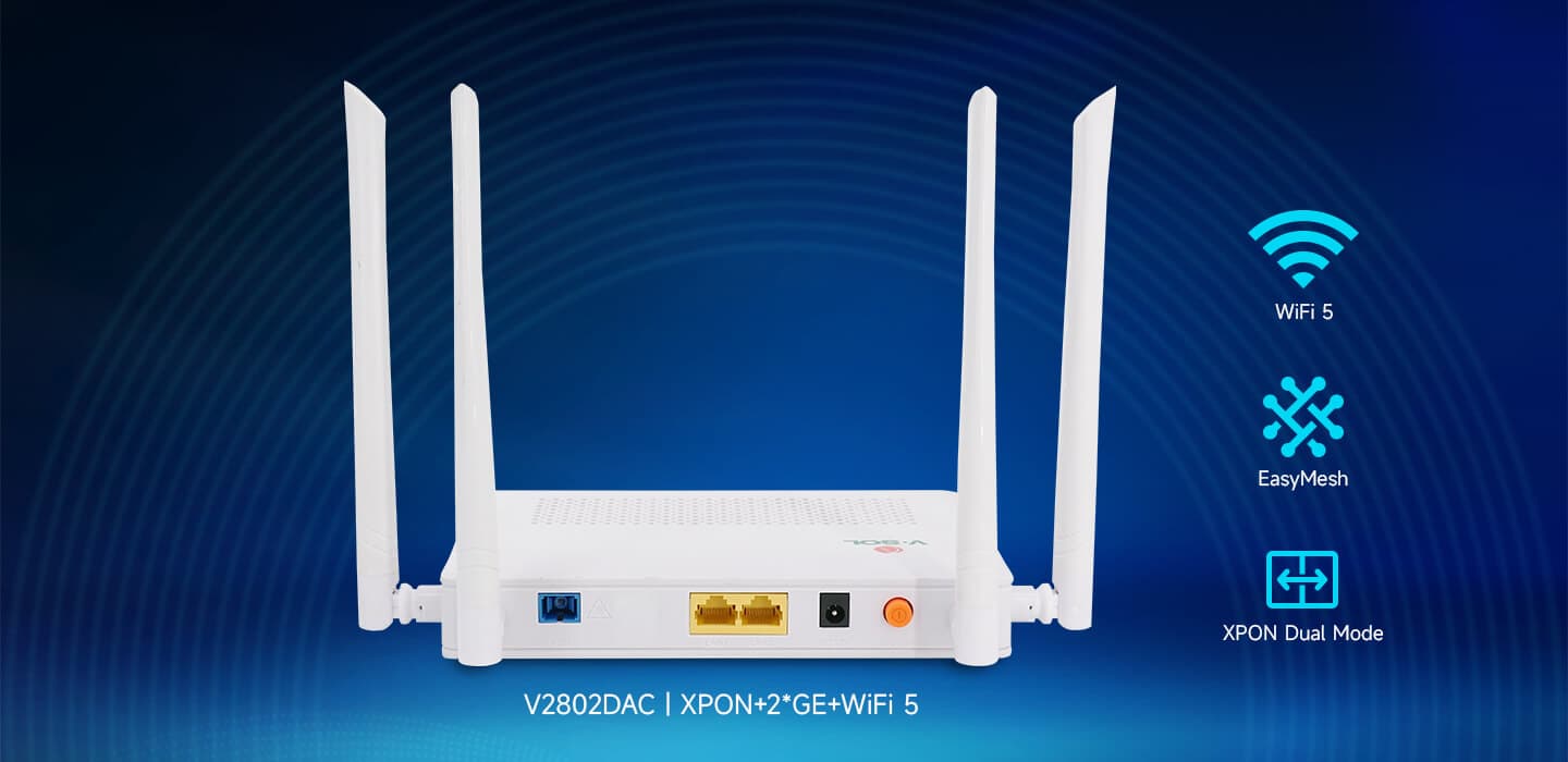 V2802DAC — 1GE(WAN/LAN1)+1GE(LAN)+Wi-Fi 5 ONU, vista 6