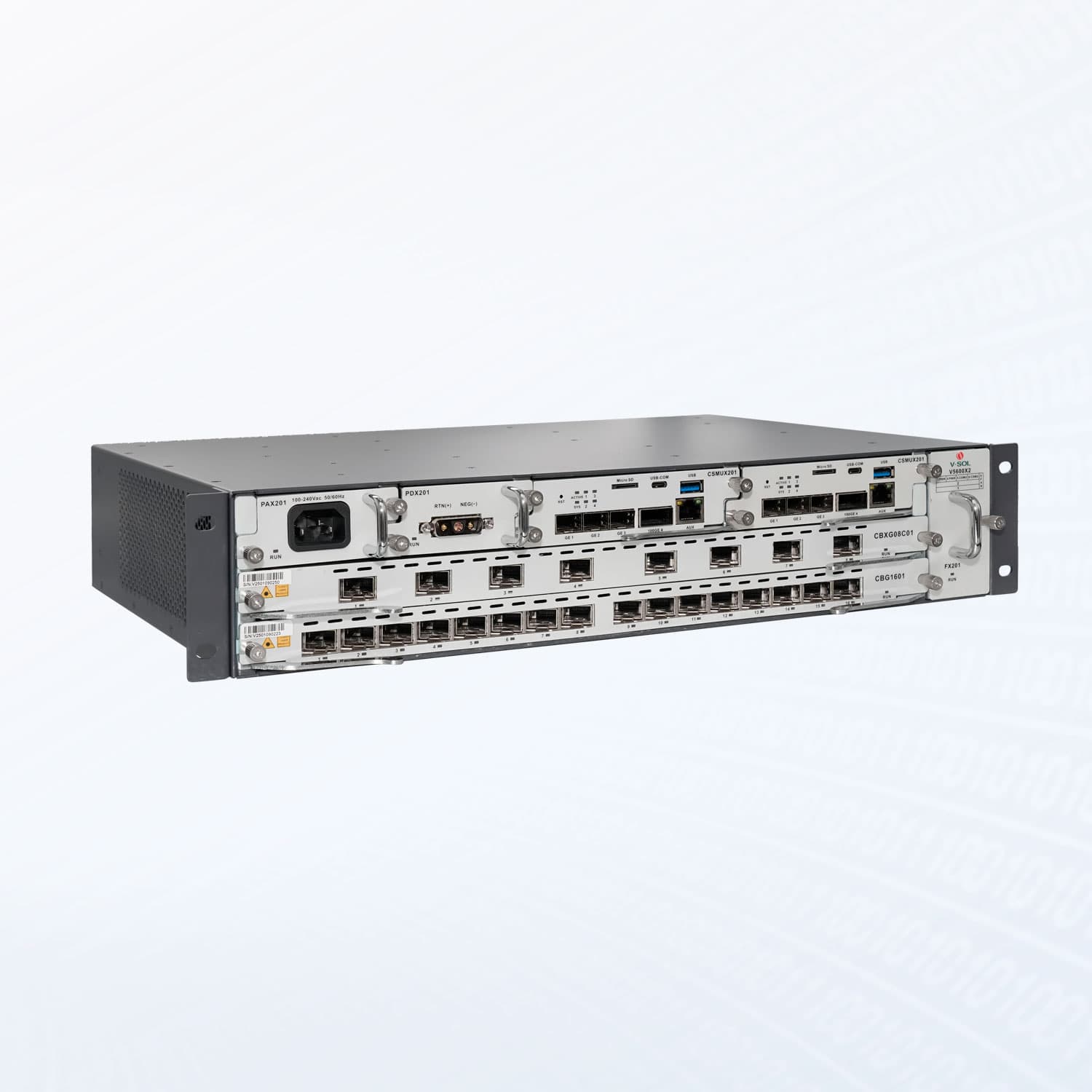 V5600X2 — Chasis combinado GPON/XGS-PON de 2 ranuras OLT, vista 3