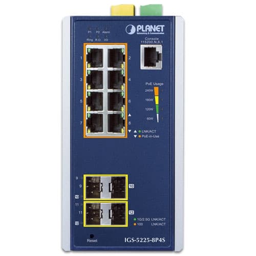 IGS-5225-8P4S — Industrial L2+8-Port 10/100/1000T 802.3at PoE + 2-Port 100/1G SFP + 2-Port 100/1G/2.5G SFP Managed Ethernet Switch, vista 2