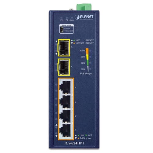 IGS-624HPT — Industrial 4-Port 10/100/1000T 802.3at PoE + 2-Port 100/1000/2500X SFP Ethernet Switch, vista 2