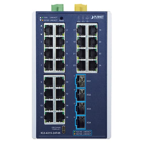 IGS-4215-24T4X — Industrial L2+ 24-Port 10/100/1000T + 4-Port 10G SFP+ Managed Ethernet Switch, vista 2