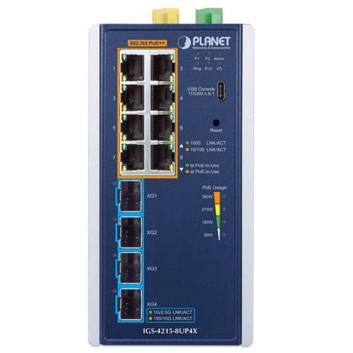 IGS-4215-8UP4X — Industrial L2+ 8-Port 10/100/1000T 802.3bt PoE + 4-Port 10G SFP+ Managed Ethernet Switch, vista 2