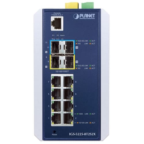 IGS-5225-8T2S2X — Industrial L3 8-Port 10/100/1000T + 2-Port 1G/2.5G SFP + 2-Port 10G SFP+ Managed Ethernet Switch, vista 2