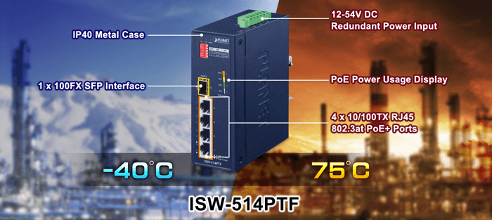 ISW-514PTF — Industrial 4-Port 10/100TX 802.3at PoE+ plus 1-Port 100FX Ethernet Switch, vista 4