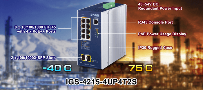IGS-4215-4UP4T2S — Industrial 4-Port 10/100/1000T 802.3bt PoE + 4-Port 10/100/1000T + 2-Port 100/1000X SFP Managed Switch, vista 4