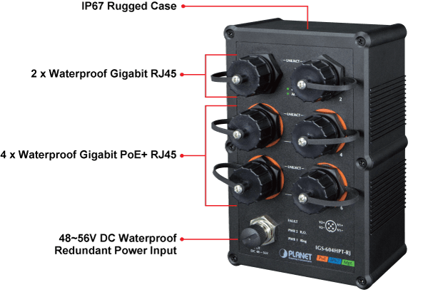 IGS-604HPT-RJ — Industrial IP67-rated 4-Port 10/100/1000T 802.3at PoE + 2-Port 10/100/1000T Managed Ethernet Switch, vista 6