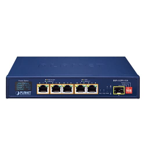 BSP-115PV-15A — 5-Port 802.3at PoE+ Solar PoE Switch with 1-Port 1000X SFP and LCD Display, vista 2