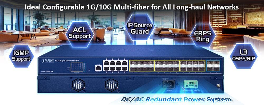 GS-6311-16S8C4XR — L3 16-Port 100/1000X SFP + 8-Port Gigabit TP/SFP + 4-Port 10G SFP+ Managed Ethernet Switch with 36-72V DC Redundant Power, vista 4