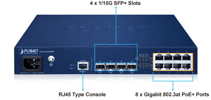 SGS-6310-8P4X — L3 8-Port 10/100/1000T 802.3at PoE + 4-Port 10G SFP+ Stackable Managed Switch, vista 4