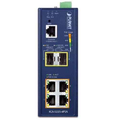 IGS-5225-4P2S — Industrial L2+ 4-Port 10/100/1000T 802.3at PoE + 2-Port 1G/2.5G SFP Managed Ethernet Switch, vista 2
