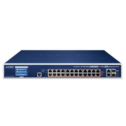 GS-6320-24UP2T2XV — L3 24-Port 10/100/1000T 802.3bt PoE + 2-Port 10GBASE-T + 2-Port 10G SFP+ Managed Switch with LCD Touch Screen and Redundant Power, vista 2
