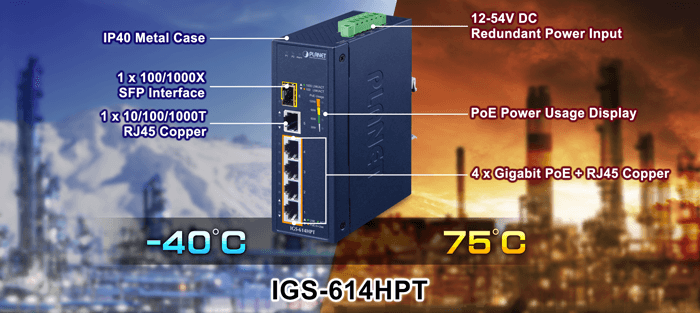 IGS-614HPT — Industrial 4-Port 10/100/1000T 802.3at PoE + 1-Port 10/100/1000T + 1-Port 100/1000X SFP Gigabit Ethernet Switch, vista 4