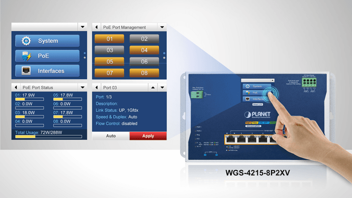 WGS-4215-8P2XV — Industrial L2+ 8-Port 10/100/1000T 802.3at PoE + 2-Port 10G SFP+ Wall-mount Managed Ethernet Switch with LCD Touch Screen, vista 5
