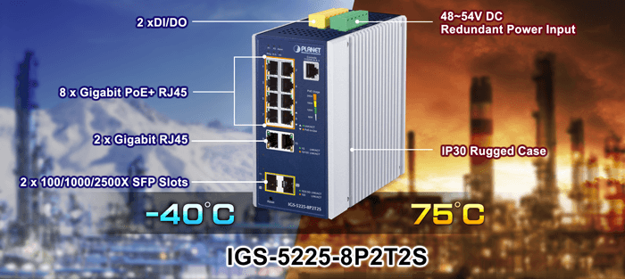 IGS-5225-8P2T2S — Industrial L2+ 8-Port 10/100/1000T 802.3at PoE + 2-Port 10/100/1000T + 2-Port 1G/2.5G SFP Managed Ethernet Switch, vista 5
