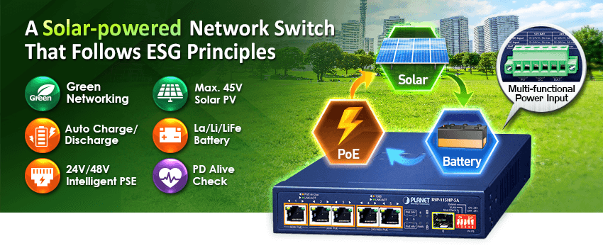 BSP-115HP-5A — 5-Port Hybrid PoE Solar PoE Switch with 1-Port 1000X SFP, vista 4