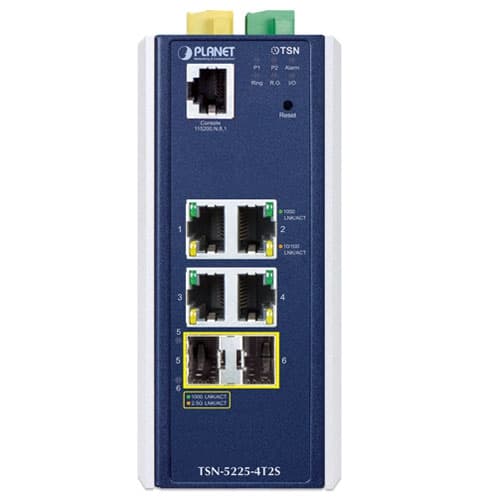 TSN-5225-4T2S — Industrial L2+ 4-Port 10/100/1000T + 2-Port 1G/2.5G SFP Managed TSN Ethernet Switch, vista 2