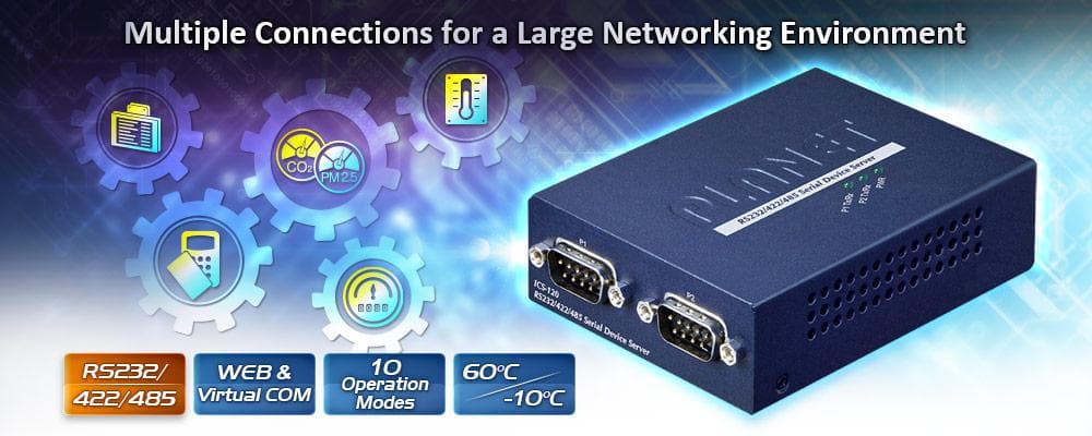 ICS-120 — 2-Port RS232/RS422/RS485 Serial Device Server, vista 5