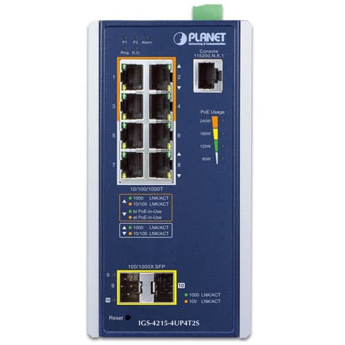 IGS-4215-4UP4T2S — Industrial 4-Port 10/100/1000T 802.3bt PoE + 4-Port 10/100/1000T + 2-Port 100/1000X SFP Managed Switch, vista 2