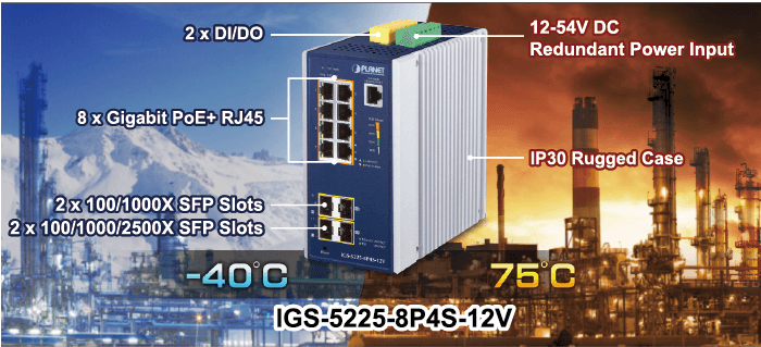 IGS-5225-8P4S-12V — Industrial L2+ 8-Port 10/100/1000T 802.3at PoE + 2-Port 100/1G SFP + 2-Port 100/1G/2.5G SFP Managed Ethernet Switch w/ 12V Booster, vista 4