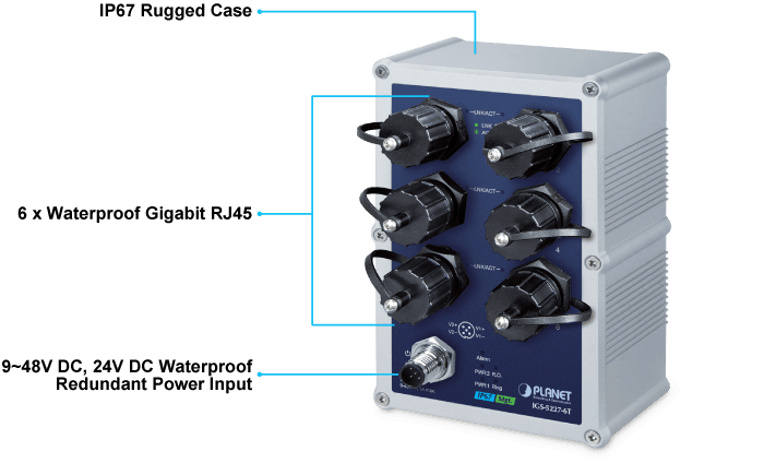 IGS-5227-6T — Industrial IP67-rated 6-Port 10/100/1000T Managed Ethernet Switch, vista 5