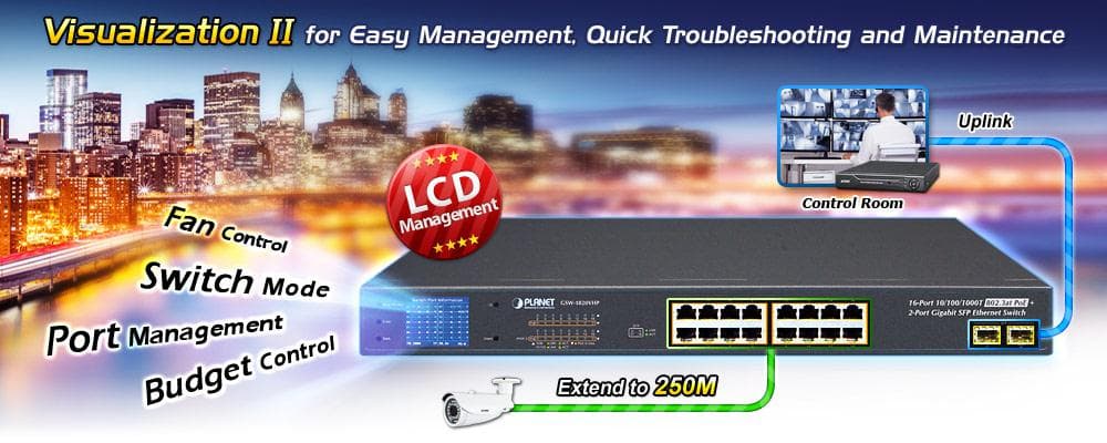 GSW-1820VHP — 16-Port 10/100/1000T 802.3at PoE + 2-Port Gigabit SFP Ethernet Switch with LCD PoE Monitor, vista 4