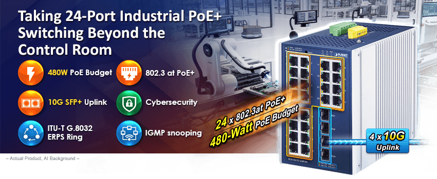 IGS-4215-24P4X — Industrial L2+ 24-Port 10/100/1000T 802.3at PoE + 4-Port 10G SFP+ Managed Ethernet Switch, vista 4