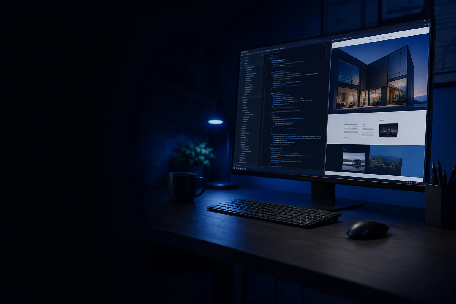 Estación profesional con código y un sitio web empresarial en desarrollo